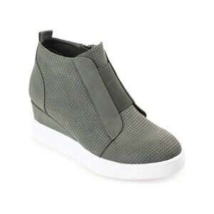 Journee Collection Womens Clara Wedge Sneakers Faux Leather Olive 8.5 MSRP $79